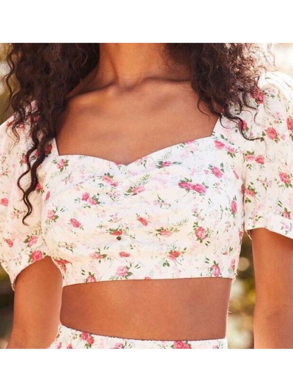 Lulus Floral Sweetheart Puff Sleeve Crop Top - White/Pink